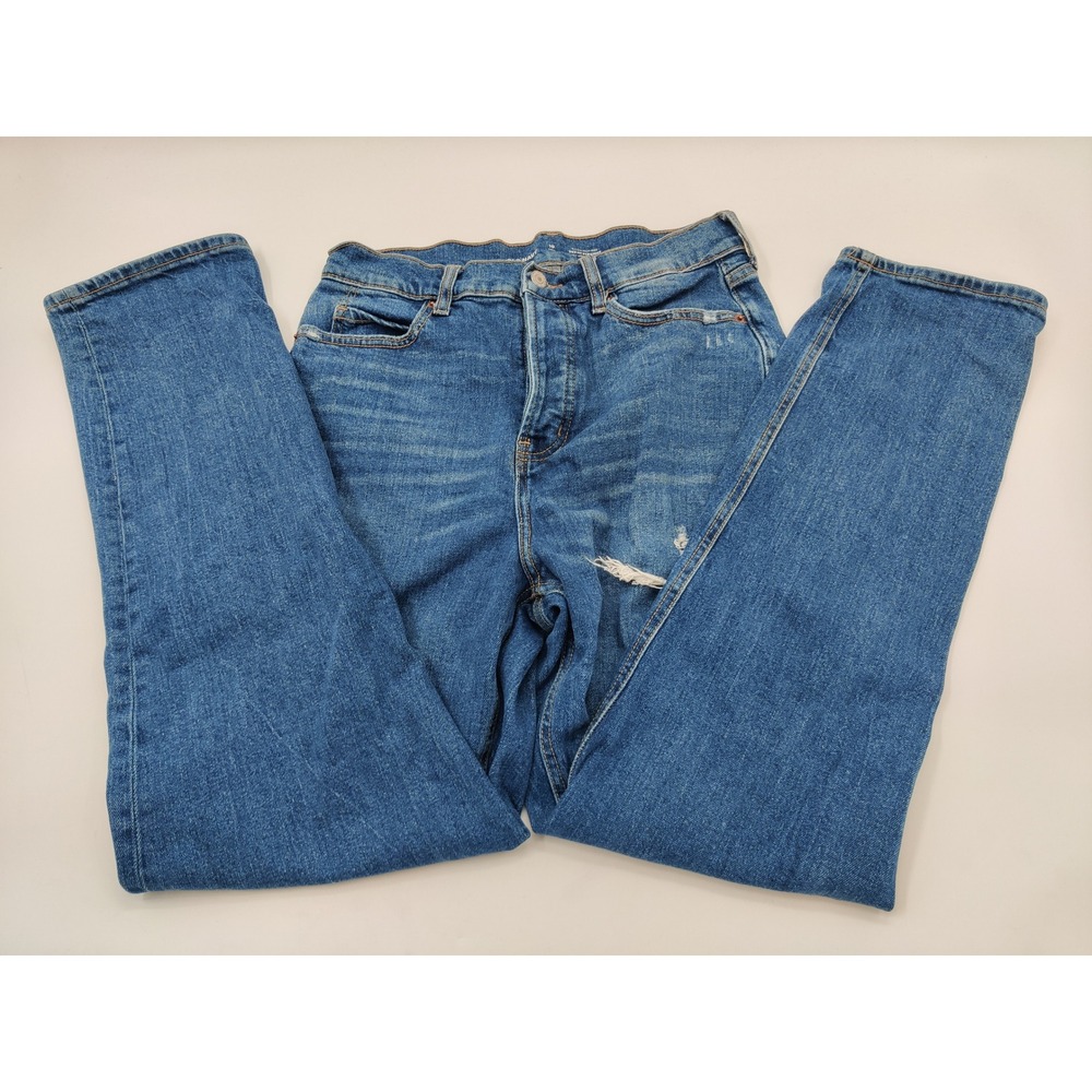 Old Navy Sky-Hi Straight Jeans 10 Tall Extra High Rise Button Fly Distressed Blu